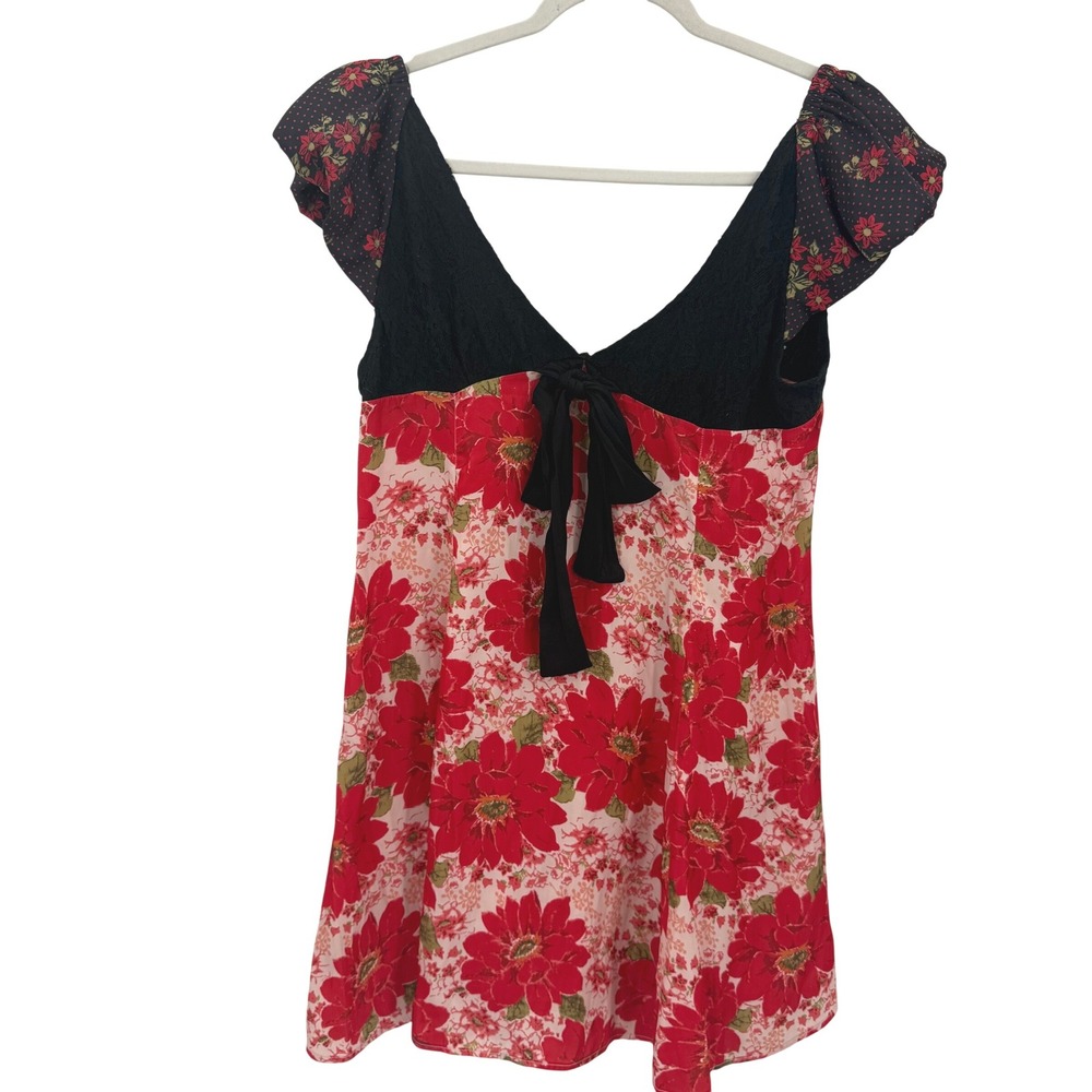 Free People Floral Lace Empire Waist Mini Dress Red Black XL Smocked Back